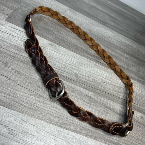 Y2K Brown Distressed Leather Woven Braided O-Ring Belt - Picture 3 of 8